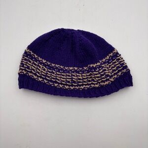Purple Tan Striped Knit Beanie Hat Winter Warm Slouchy